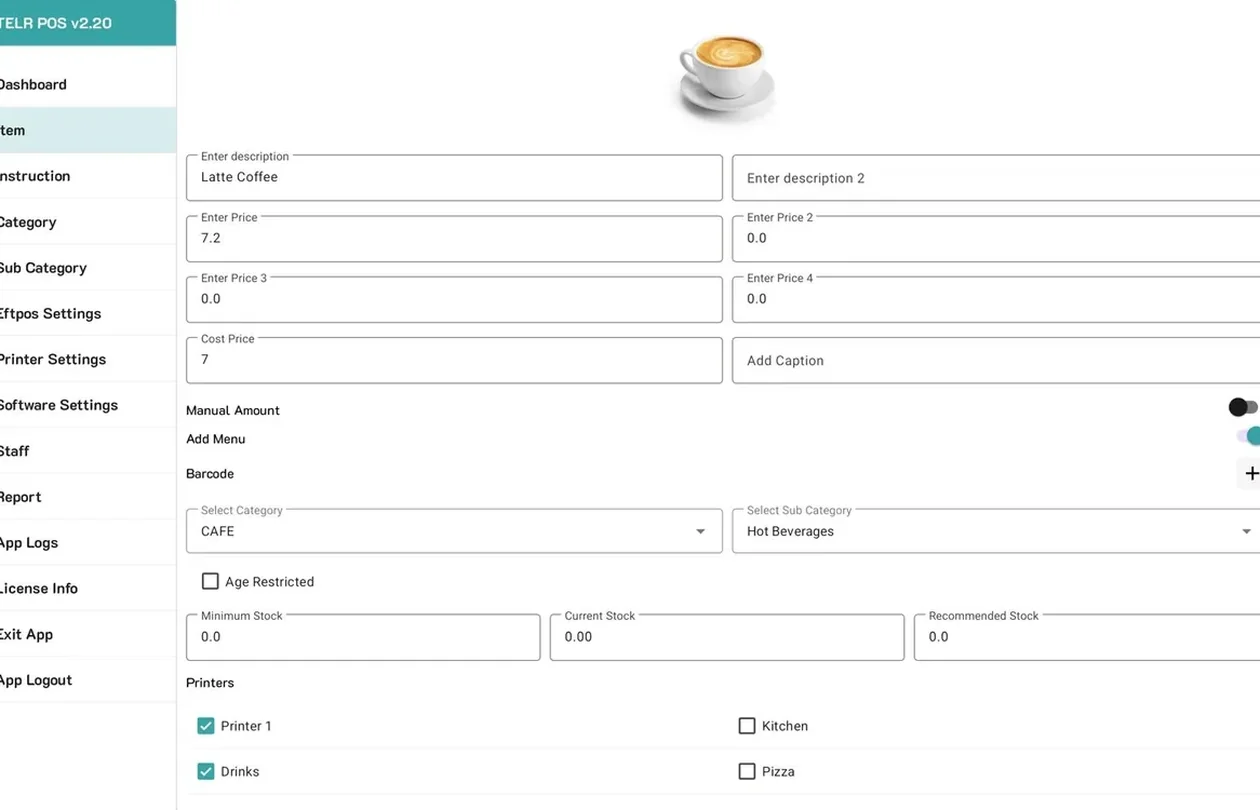 Food&Me POS printer settings screen