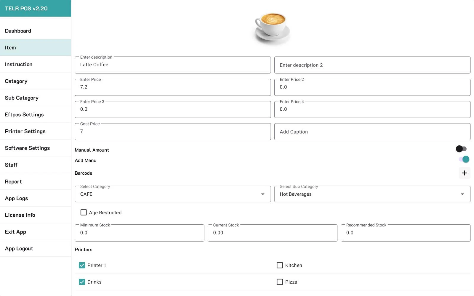 Food&Me POS product editing screen for a Latte Coffee item
