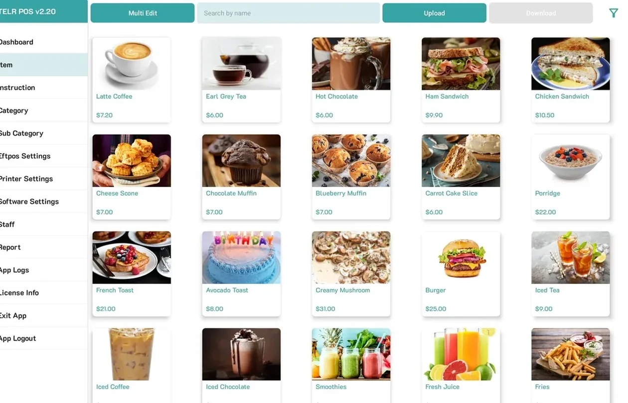 Food&Me POS product and menu grid