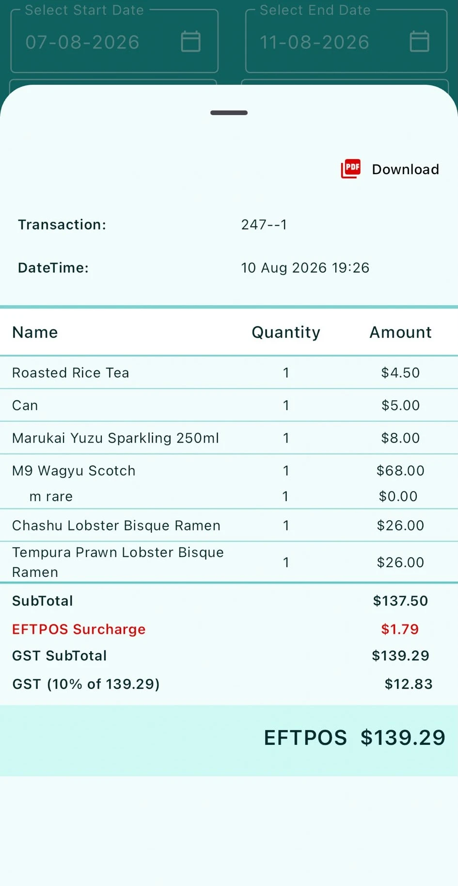 Individual transaction receipt with itemized amounts, surcharge, and GST breakdown